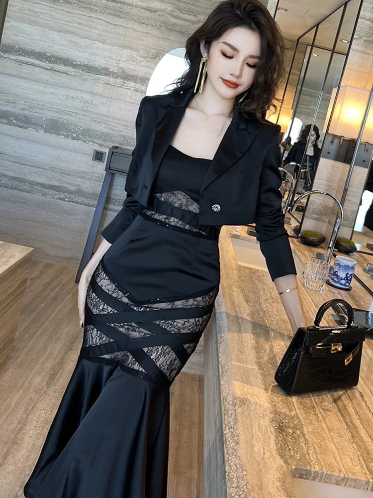 Spring Elegant 2 Pieces Set for Women 2023 Satin Lace Patchwork Black Single Button Short Jackets Slip Strap Mermaid Long Dress