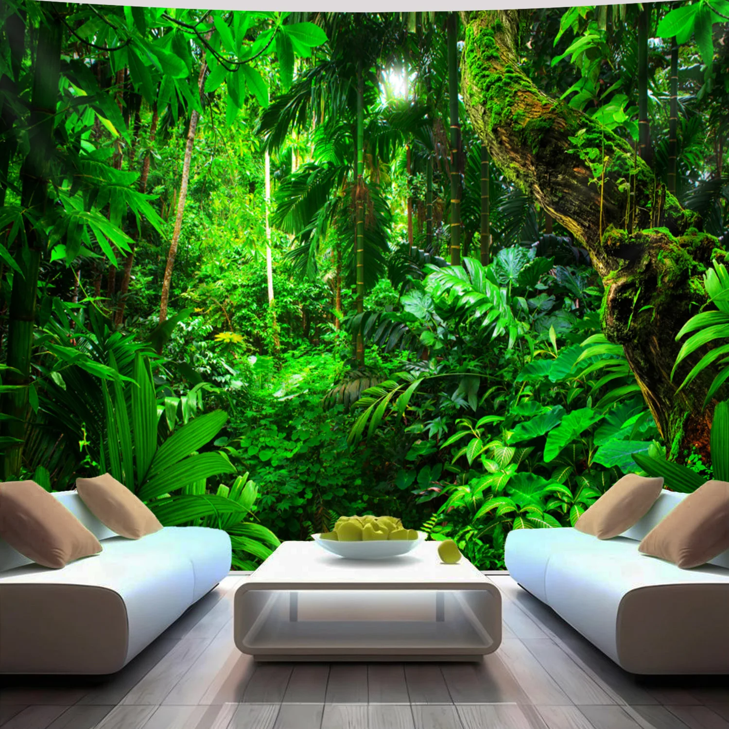 Exuberante tapiz de pared de selva tropical para decoración de sala de estar, con una escena de jungla vibrante y densa con remolque