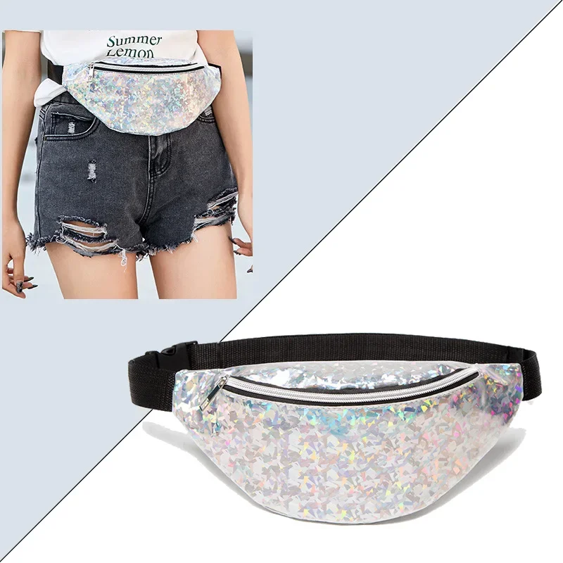 Women's Laser Sequin Shoulder Bag Korean New Chest Bags  Female Holographic Waist Belt Bag Murse Phone Pouch Banana Fanny Pack