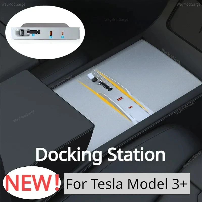 Docking Station for Tesla, New Model 3, Highland 2024, 80W PD, Quick Charger, USB Hub Extension Center Console, Smart Sensor