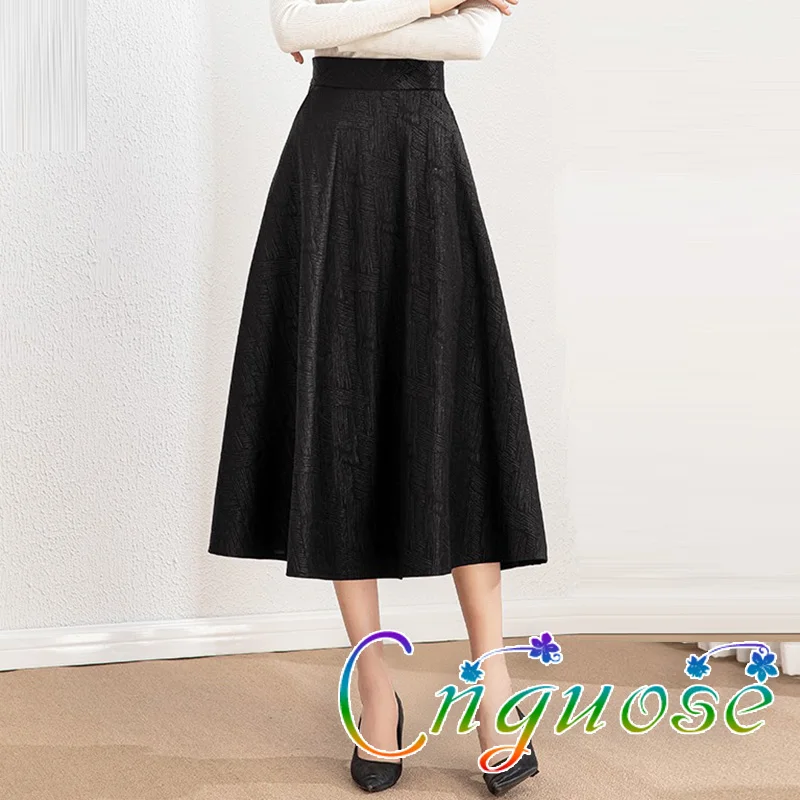 

2024 Plus Size 5xl 5xl Black Jacquard Korean Fashion Elegant slim A-line Mid Skirt Womens Big hem pleated Midi skirt
