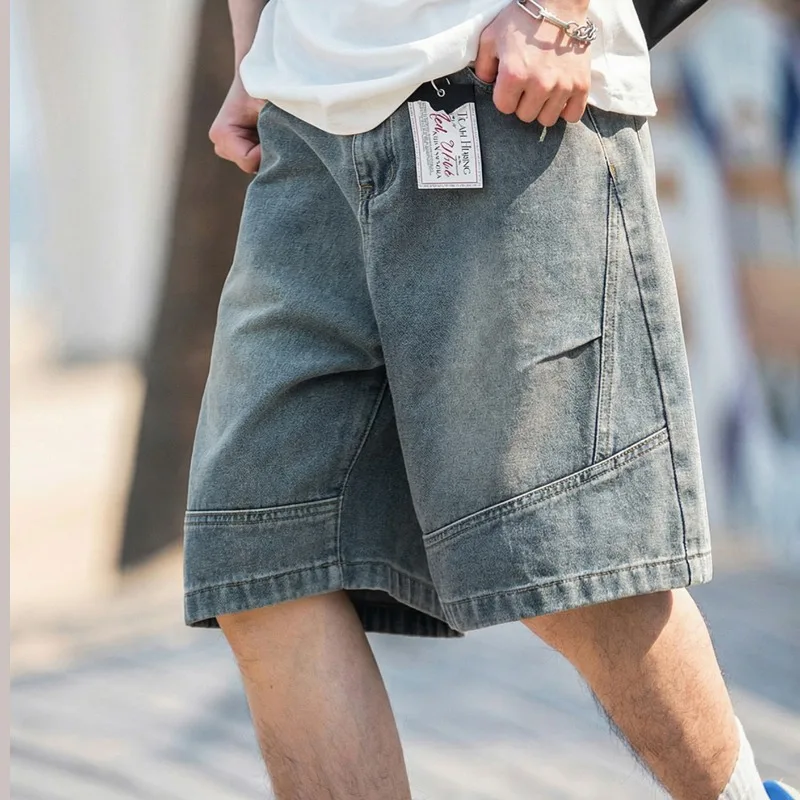 

KIDWHXR Summer Man Denim Shorts American Contrast Color Washed Men Shorts Loose Straight Elastic Waist Male Knee-length Pant