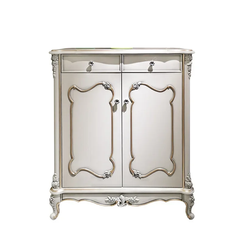 OGMFrench Solid Wood Carving Flower Two Doors Two Buckets Shoe Cabinet Large Capacity Locker