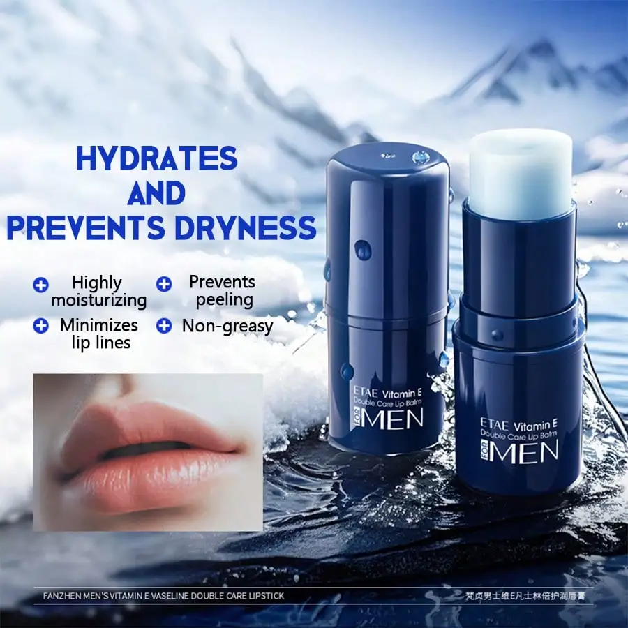 1 szt. Męski balsam do ust z witaminą E nawilża, wygładza zmarszczki na ustach, poprawia stan suchych, popękanych i matowych ust, odżywia i chroni usta.
