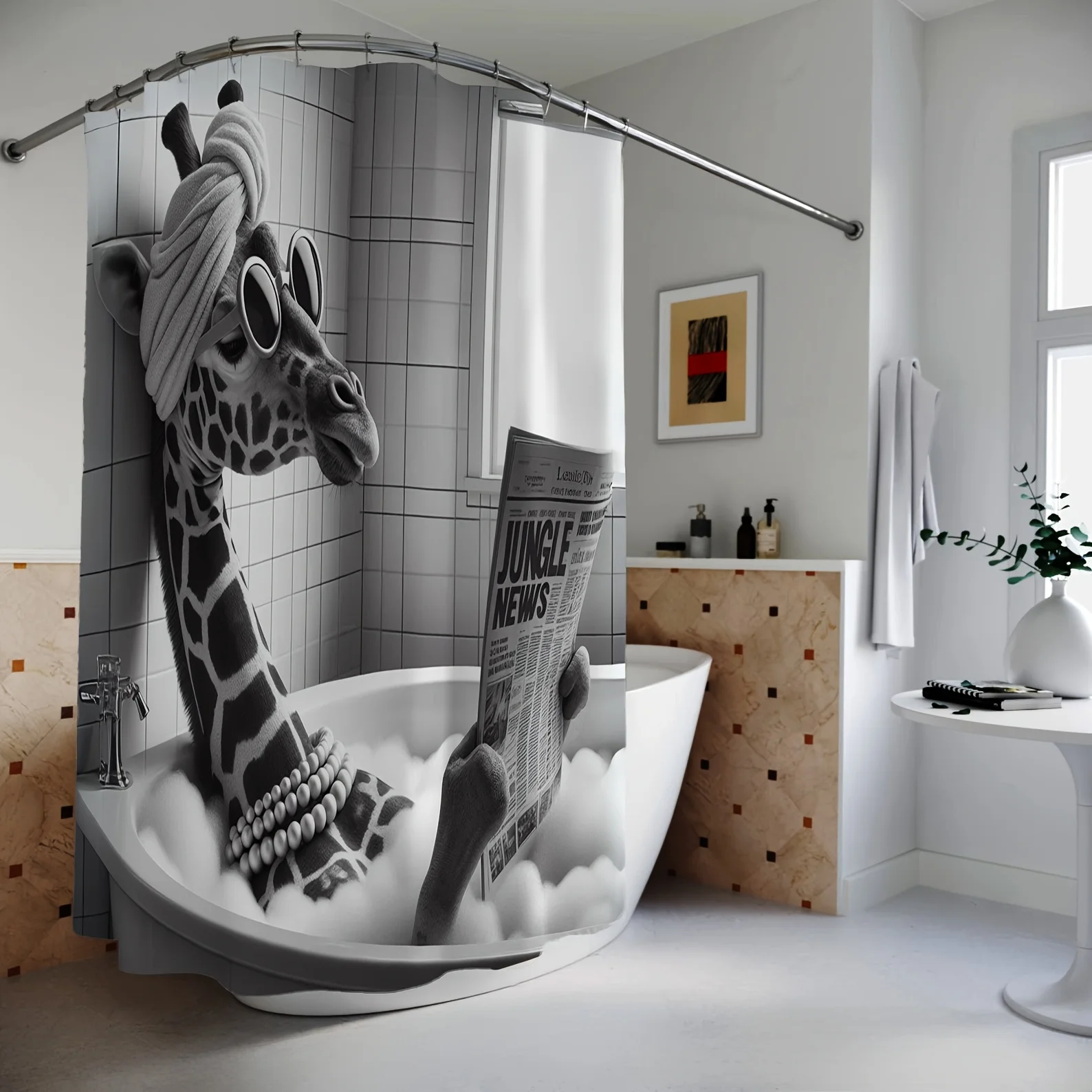 

Забавная занавеска для душа с изображением жирафа в ванной, мультяшный дизайн с животными персонажами для юмористического декора ванной комнаты, с крючками, простой в уходе.