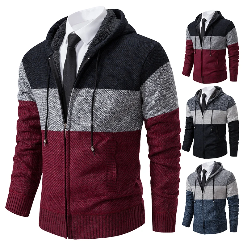 Men\'s Thick Warm Cardigan Striped Fleece Sweater Coat Hooded Jackets Jumper Coar with Cap Y2K Male Clothing