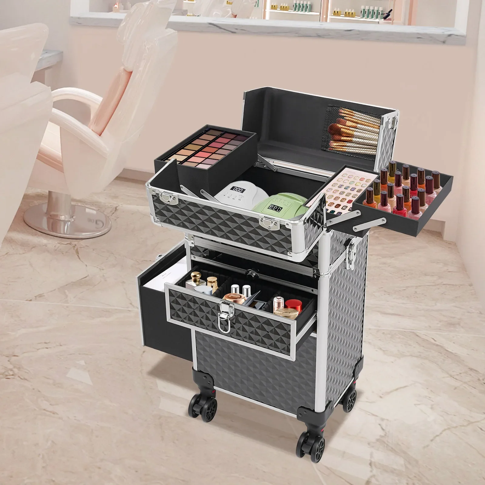 

Multi-functional Rolling Makeup Case – The Ultimate Organizer for Makeup Artists and Hairstylists