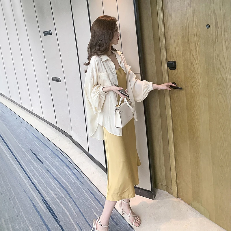 

Женская солнцезащитная рубашка-накидка, летняя юбка-накидка на бретельках, тонкая верхняя одежда, весенне-осенняя шифоновая блузка с длинным рукавом свободного кроя