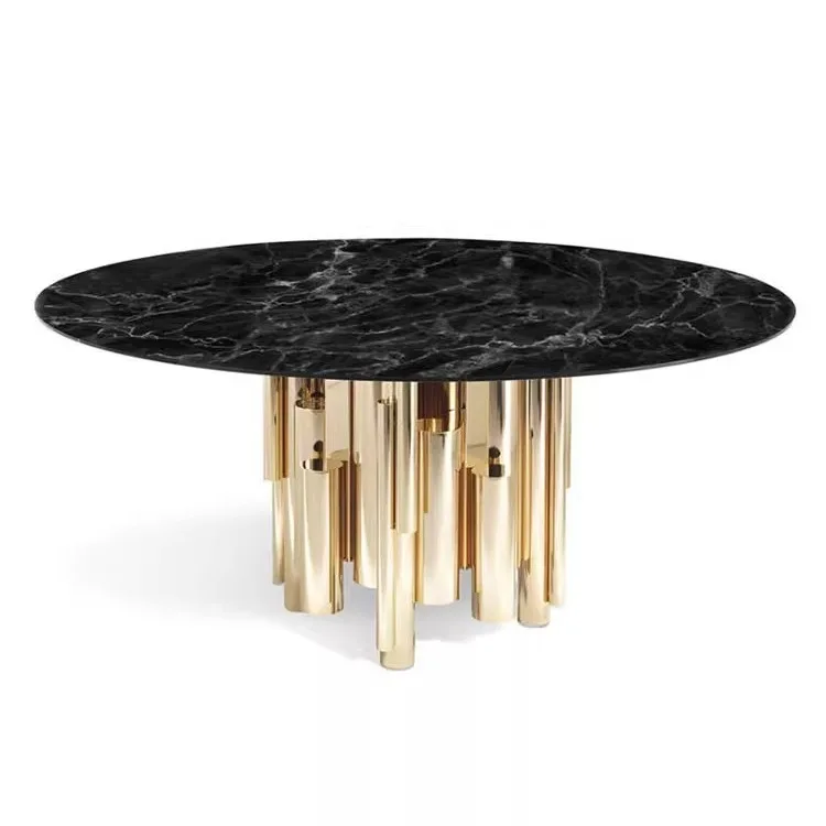 

Italian light luxury marble dining table stainless steel art round tempered glass round table modern simple table
