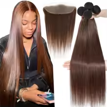 #4 Color Straight Human Hair Bundles With Frontal Chocolate Brown 13x4 Lace Frontal With Bundles 3 Bundles Hair Extensions Weave - AliExpress