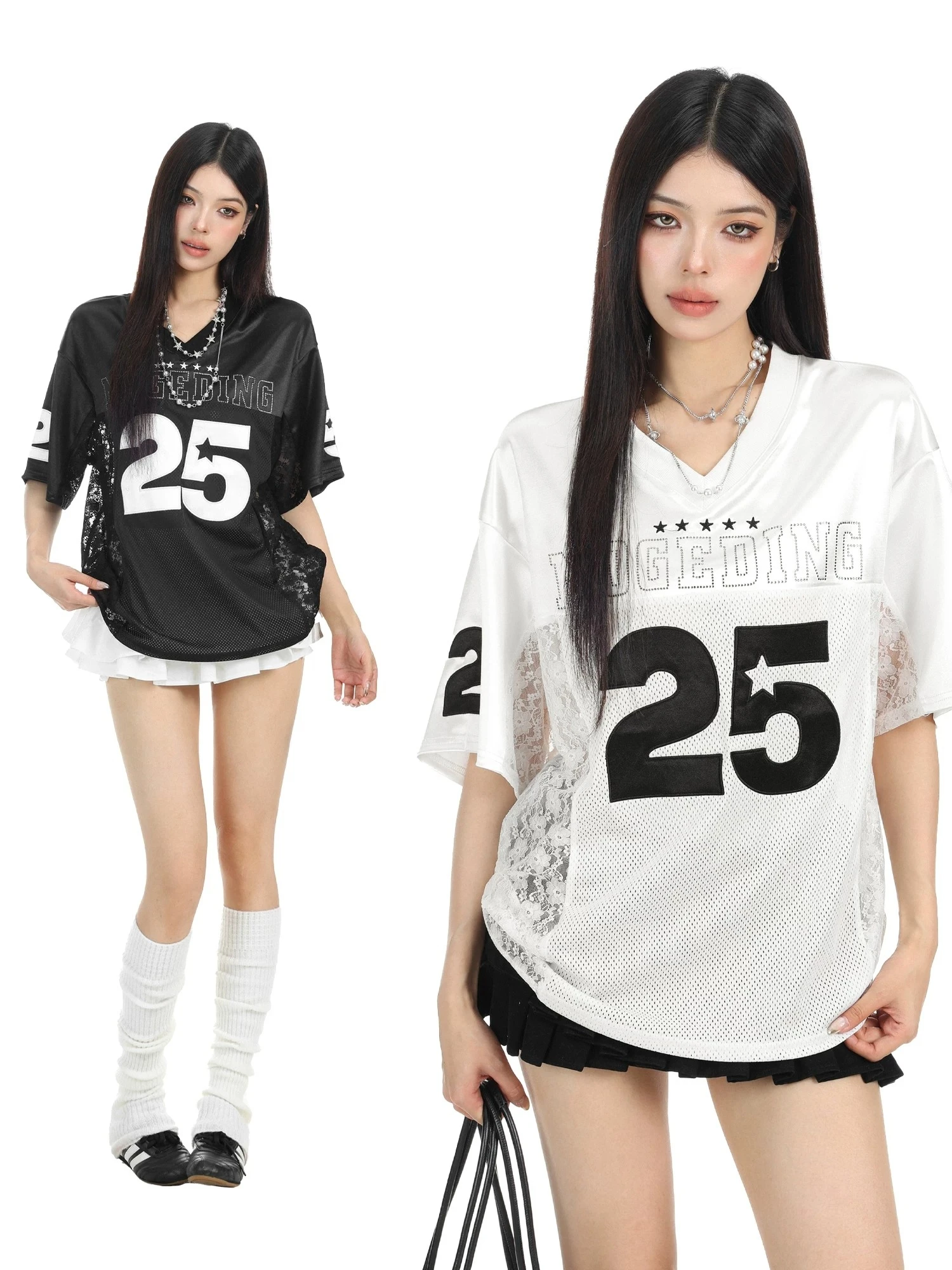 American High Street Mesh Hollow Satin V-neck Short Sleeve T-shirt Women Summer Sport Oversize Baseball Jersey Half Sleeve Top