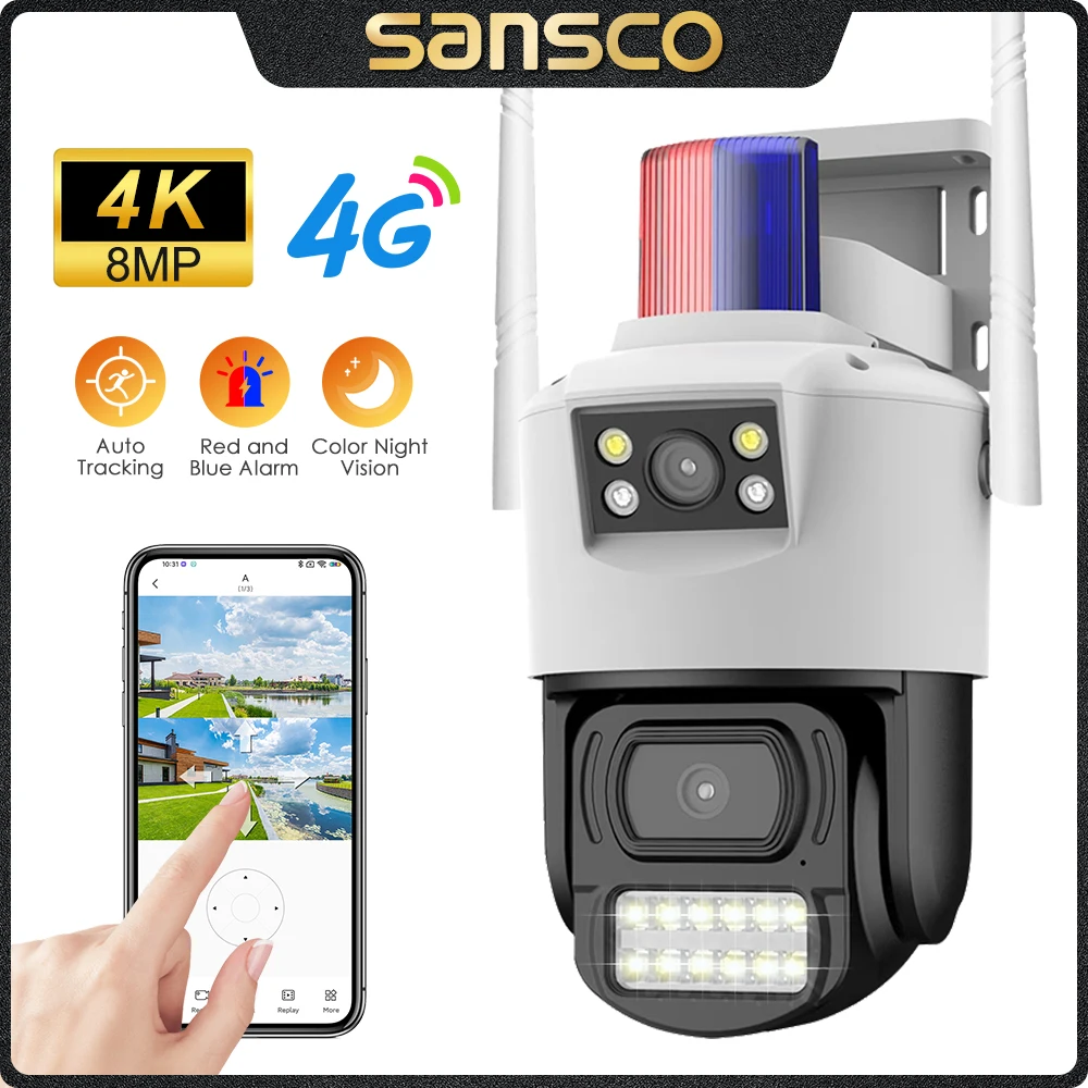 

SANSCO 4K 8MP Dual Lens 4G PTZ Camera Dual Screen AI Human Detection Auto Tracking Outdoor 2K WIFI IP Camera V380 PRO