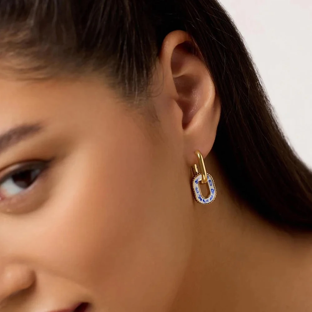 Fashion White and Blue Enamel Flower Round Beads Hoop Earrings for Women Geometric Gold Plated Stainless Steel Huggie Hoops