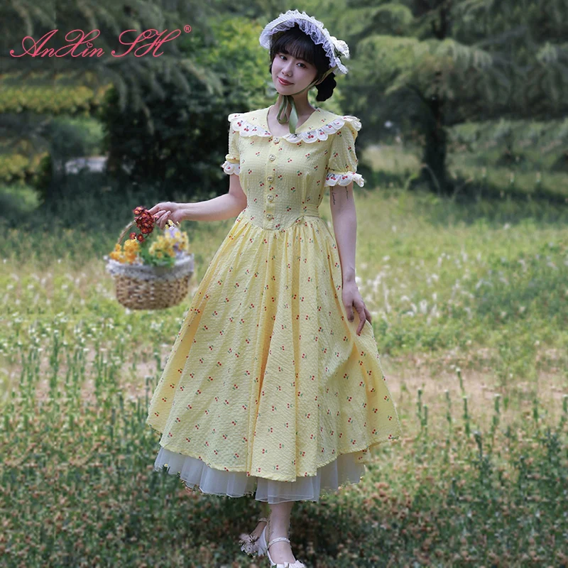 AnXin SH Vintage Prinzessin gelbe Baumwolle Kirschdruck Blumenspitze V-Ausschnitt Kurzarm Knopf Reißverschluss individuelles Abendkleid