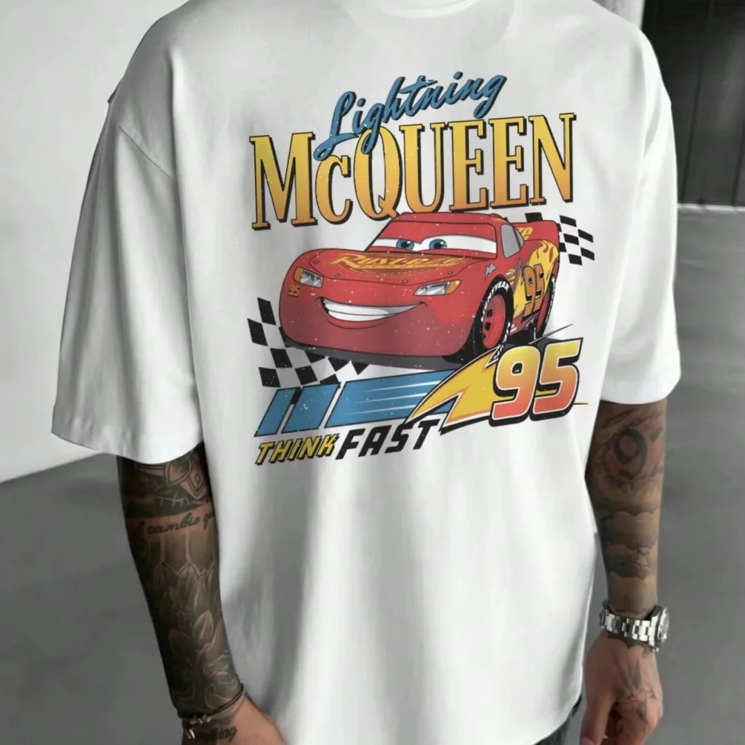 Disney Cars McQueen Men's Casual Cartoon Print T-Shirt Summer Fashion Pure cotton Men's T-Shirt Kid's Clothing Tee Y2k Woman