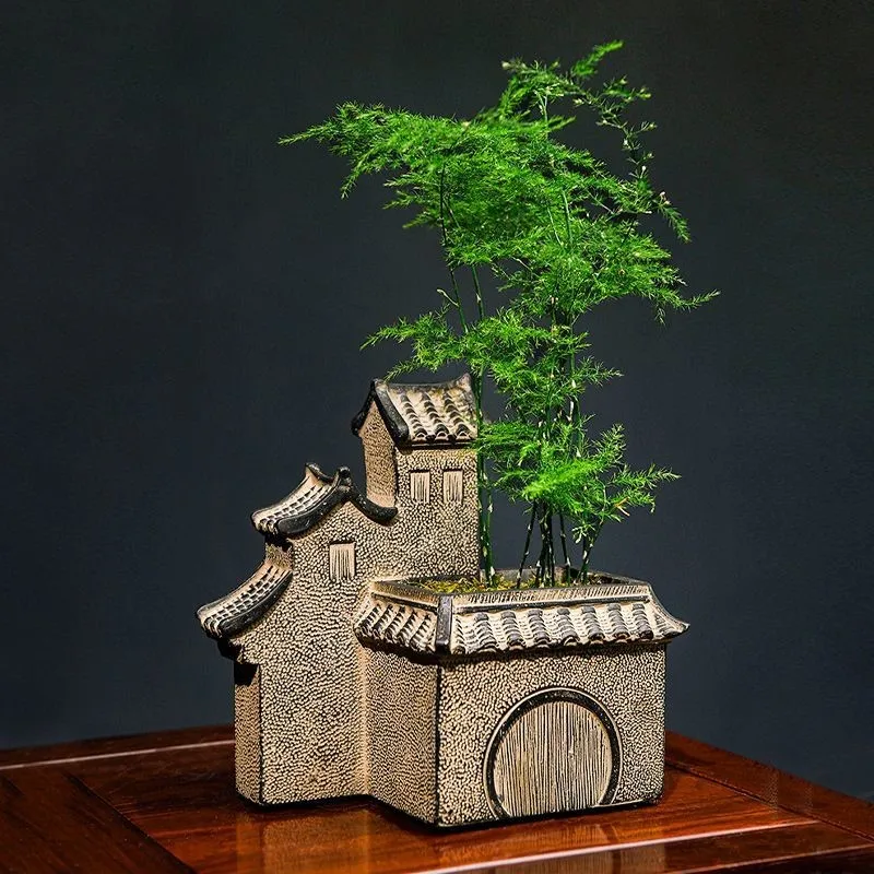 New Chinese Zen Style Bamboo Flower Pot Huizhou Architectural Decoration Home Tabletop Micro Landscape Succulent Flower PotZI874