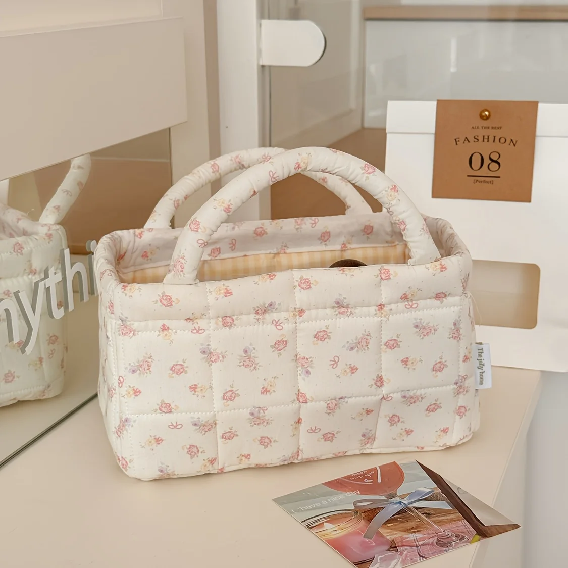 Aufbewahrungskorb aus Blumenstoff im koreanischen INS-Stil, tragbarer Handkorb, niedlicher Schreibtisch-Organizer für Mädchen, Kosmetik und Kleinigkeiten