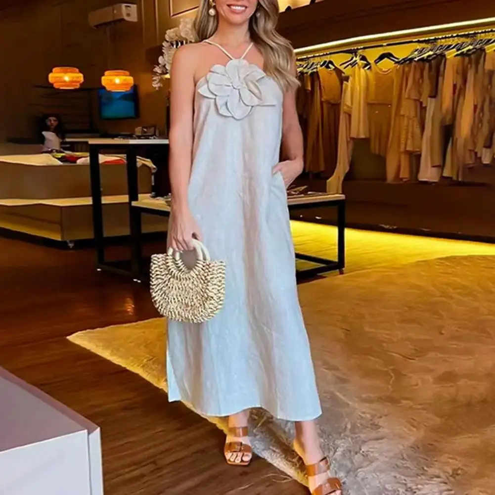 

Solid Color Cocktail Dress Elegant Spaghetti Strap Maxi Dress with 3d Flower Embellishments for Prom Parties Beach Events Women