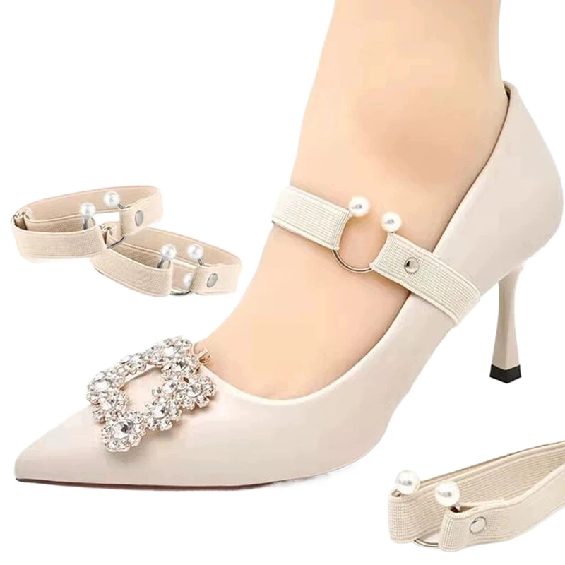 1Pair Women High Heels Adjustable Elastic Shoe Strap Belt U-shaped Pearl Elastic Lazy Shoelace Anti-drop Heels Shoe Accessories
