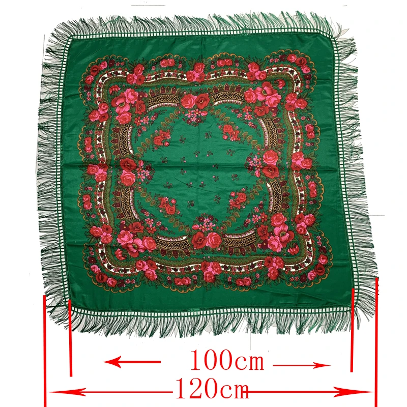 Grand Foulard Carré Imprimé Floral Rétro pour Femme, Bandana Russe à Franges, Pashmina Ethnique, 120x120cm