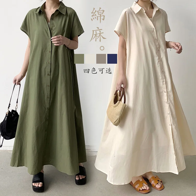 

Spring Summer Loose Shirt Dresses Fashion Female Short Sleeve Vintage Solid Casual Cotton and Line Dress Women Wrap Dresses