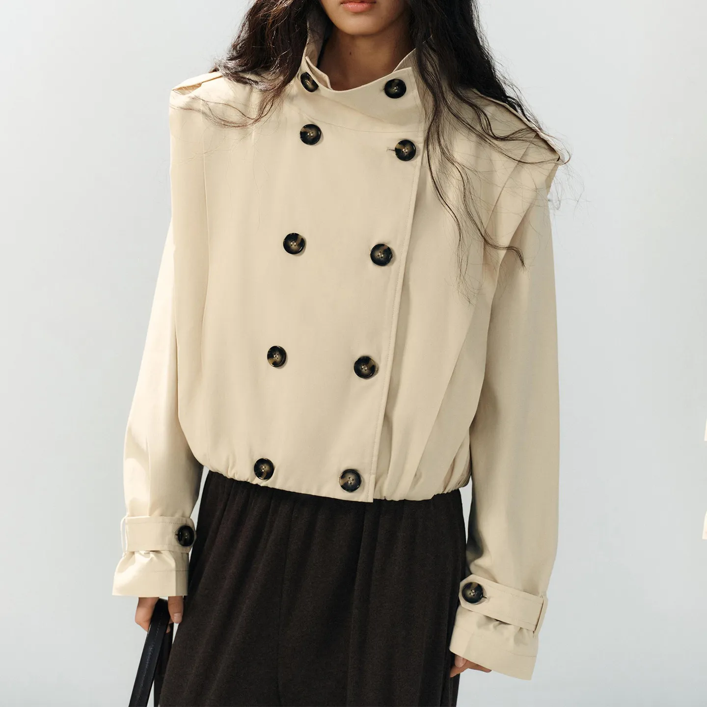 Women's Fashion Long Sleeve Pleated Stand Collar Casual Short Coat Autumn 2026 New Arrival ZADATA Loose Fit Double Button