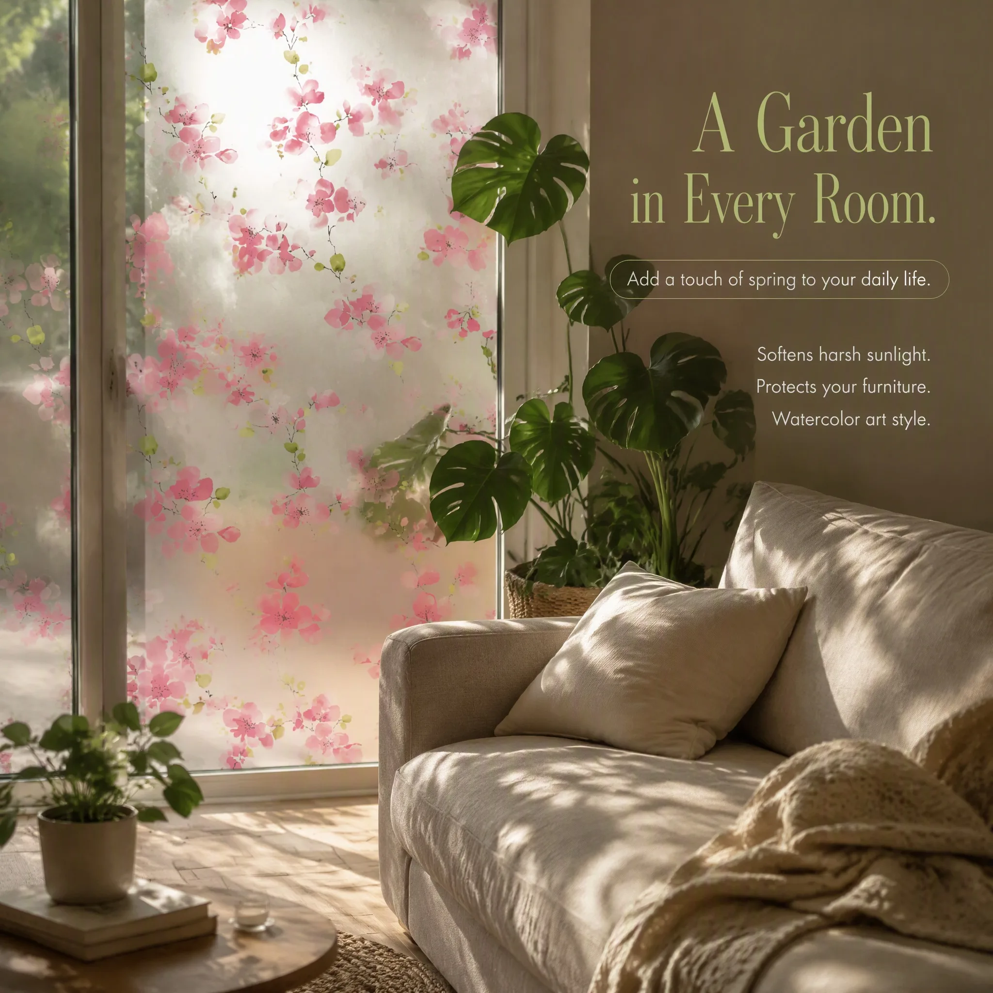 Elegant Pink Floral Self‑Stick Window Privacy Film Frosted Glass Cover Waterproof Anti‑UV Self‑Adhesive Glass Sticker