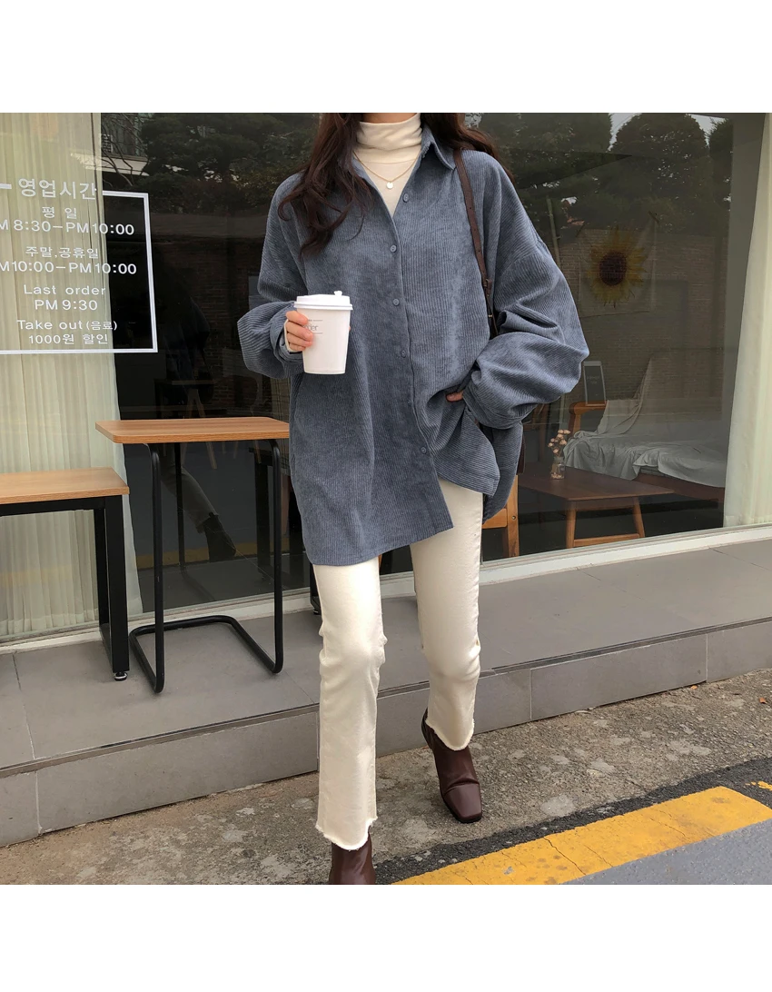 Frauen Herbst Langarm Beige Cord Hemd Mantel Übergroßen Tops Langarm Blusen Einreiher
