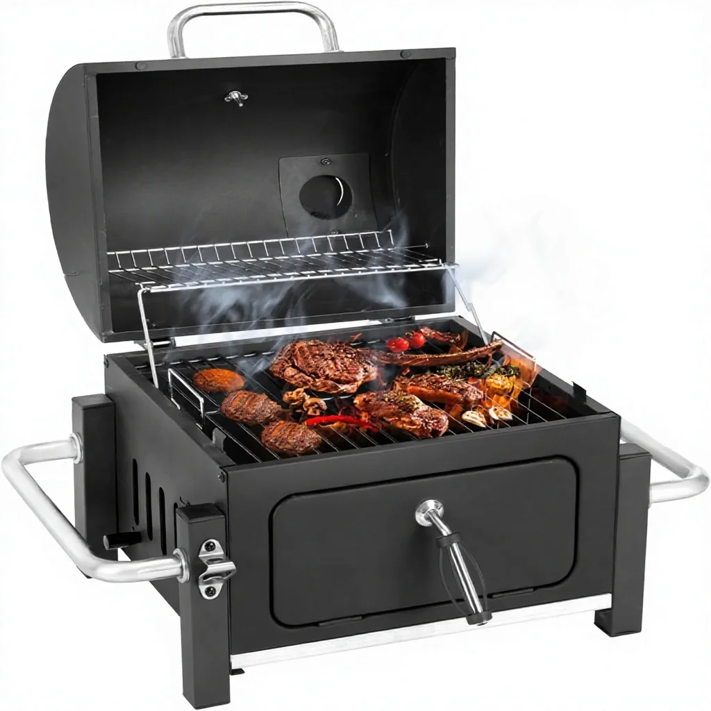 

Kendane Portable Charcoal BBQ Grill Adjustable Height Air Vent Temperature Gauge Warming Rack Camping Indoor/Outdoor Use Travel