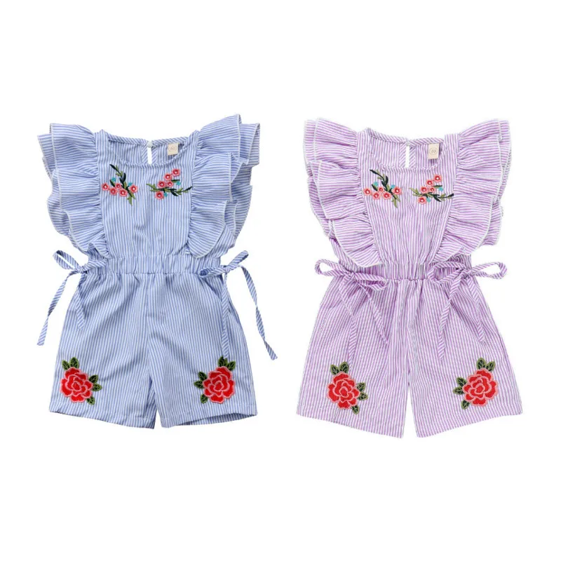 Lioraitiin 0-5Years Kleinkind Kinder Baby Mädchen Blume Streifen Rüsche Romper Overall Outfits Kleidung