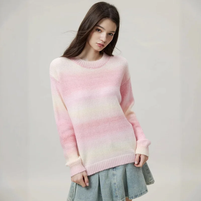 

European and American Style Casual Sweater Gradient Color Knitted Pullover Round Neck Long Sleeve Top