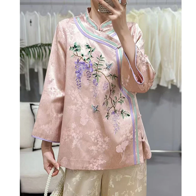 

Autumn New Wisteria Embroidered Flower + Jacquard Rayon Fabric Chinese Style Standing Collar Slant Women's Jacket S-XXL
