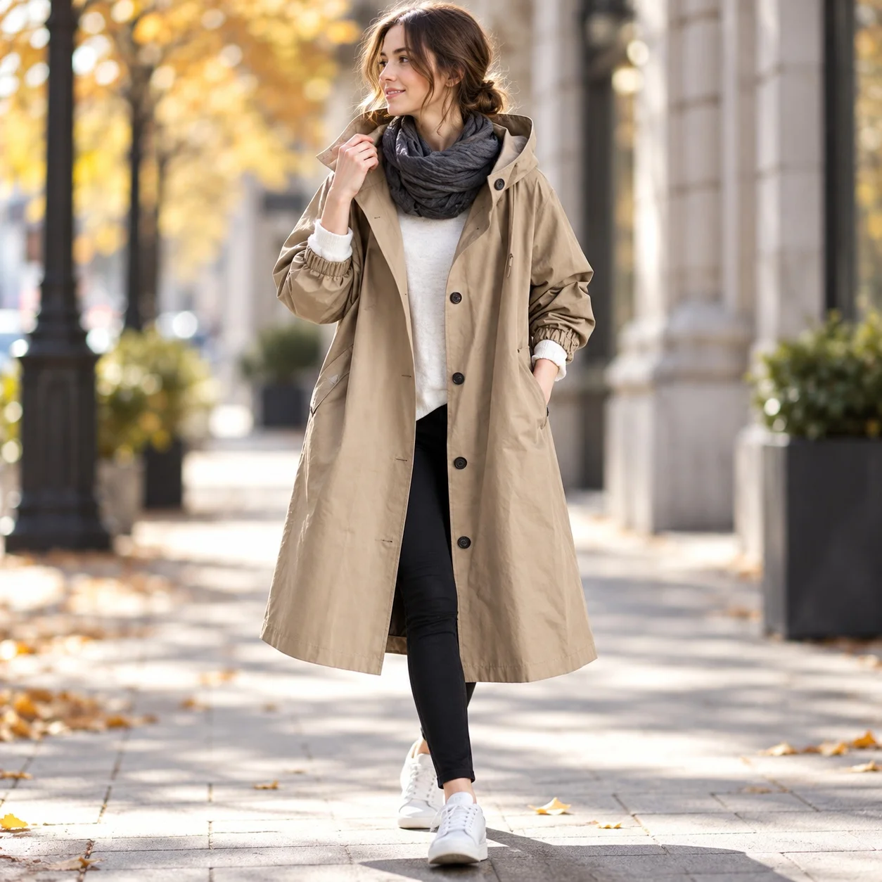 Long Sleeve Hooded Coat Mid Length Elegant Commuter with Heat Set Finish Medium Weight Trench Coat Regular Fit Spring for Women