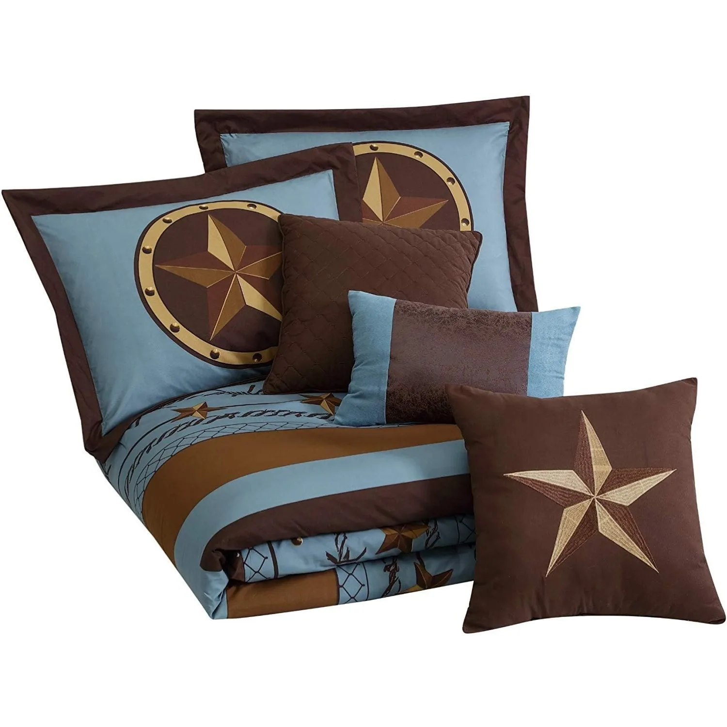 Tulsa King Size Bedding Set, 7-Piece Turquoise Brown Western Cowboy Oversized Comforter Set, Printed Texas