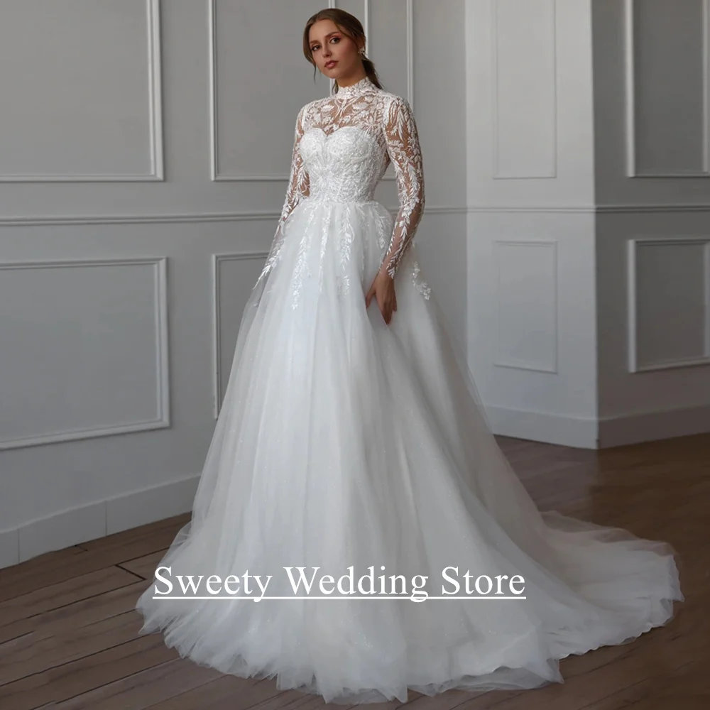 Sparkling Wedding Dress for Woman Bride Customized Long Sleeves High Neck Beading Applique Tulle Glitter Bridal Dresses
