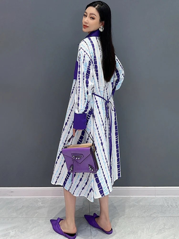 SHENGPALAE 2024 Summer New Fashion Loose Long Sleeved Shirt Dress For Women Color Block Korean Chic Female Dresses Robe  5C1071