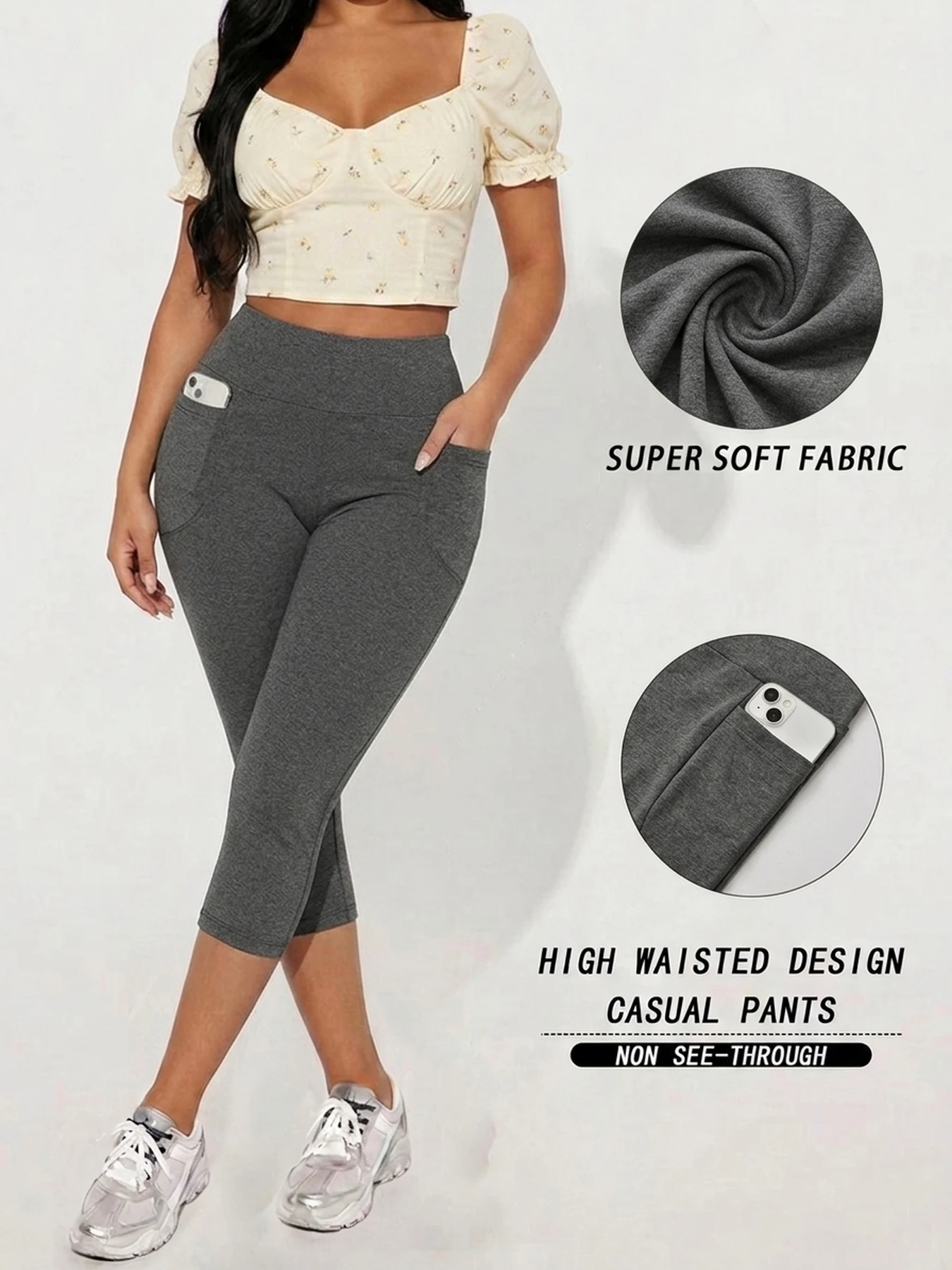Hochgeschnittene Caprihosen für Damen mit Taschen, Superweiche Bauchkontrolle Workout-Lauf-Yoga-Sportleggings – Detail 12