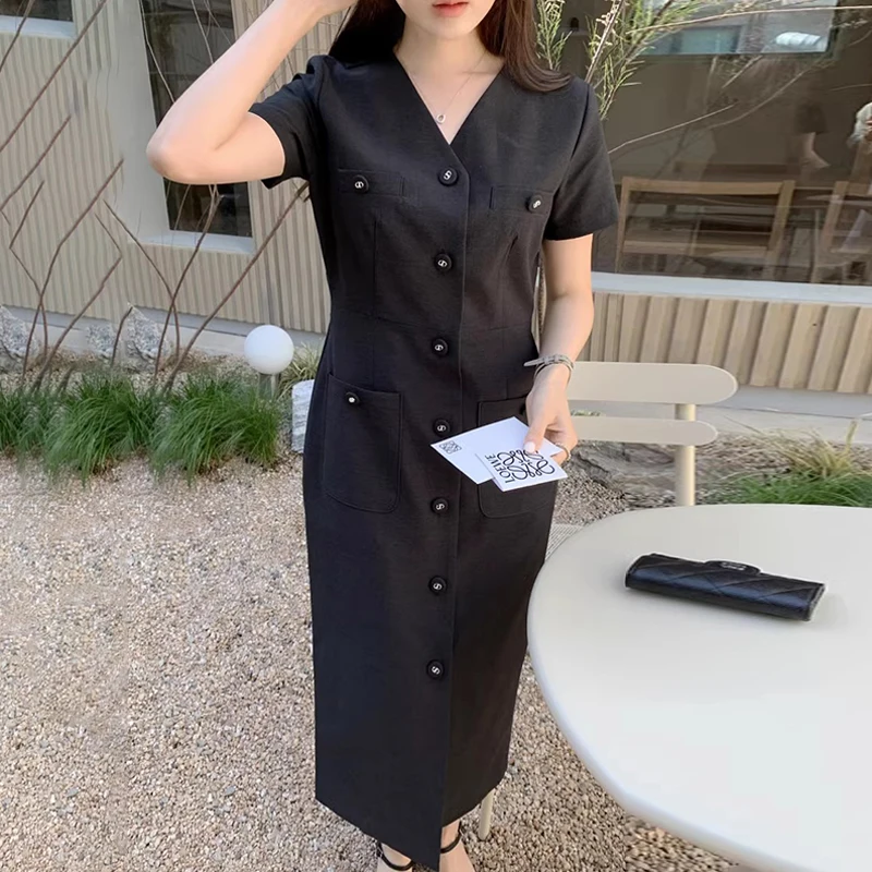 Pink Woolen Dress Women\'s Summer Slim Fit Long Dress with Double Pockets High Waist Design Commute Style Short Sleeve V-Neck