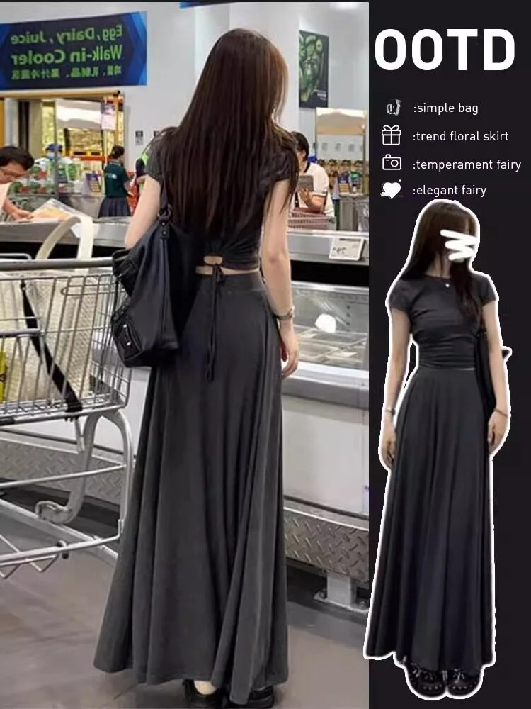 

Spring Fashion Short Sleeve Waist Exposure Women's Dress Two-Piece Set Elegant Long Dress Casual Style round Neck French Style
