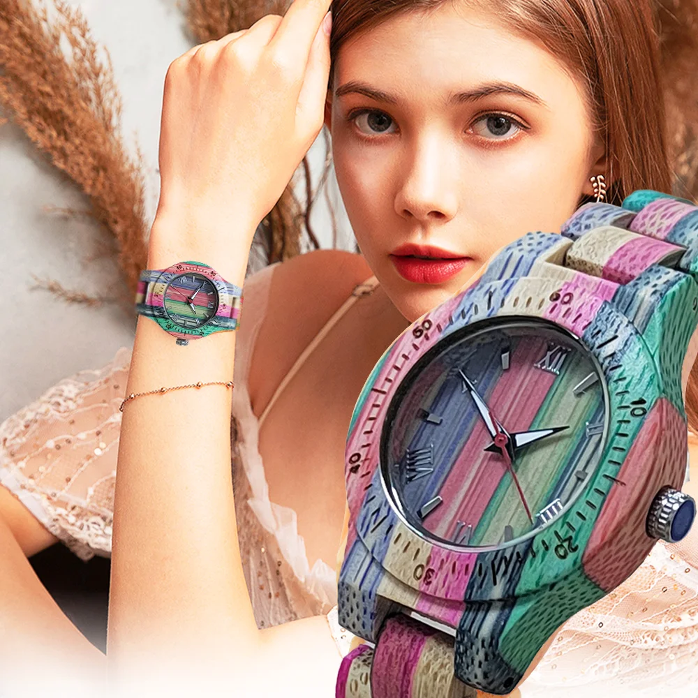 Kleurrijke Bamboe Band Quartz Horloge Voor Vrouwen Mode Romeinse Cijfers Kleine Wijzerplaat Dames Polshorloge Hout Horloges Klok Geschenken