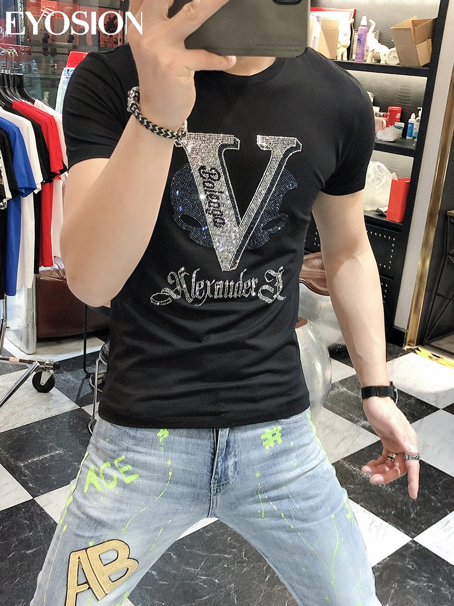 Summer Mens Luxury Diamond T-Shirts Designer Rhinestone Short Sleeve Slim Crew Neck Casual Shirts Tee Combed Cotton, S-5XL