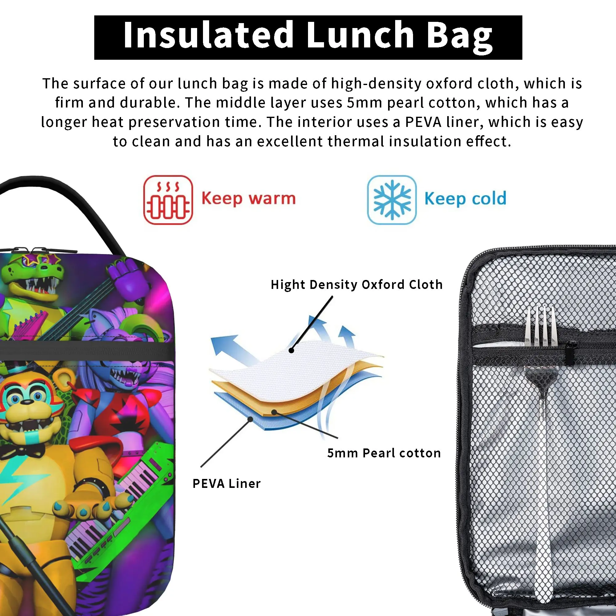 FNAF At Freddys Thermoisolierte Lunchtasche für die Schule, tragbare Cartoon-Lebensmitteltasche, Thermo-Kühlbox, Lunchboxen – Detail 4