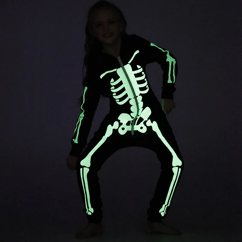 Disfraz de Halloween con estampado fluorescente de esqueleto de terror, pijamas de fiesta de fantasma y calavera de la muerte para niños y adultos, traje para padres e hijos