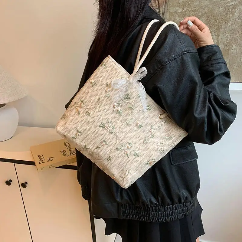 Woven Straw Tote Bag With Floral Embroidery And Lace Bow Detail Shoulder Bag Perfect For Daily Commute Beach Trips Shopping