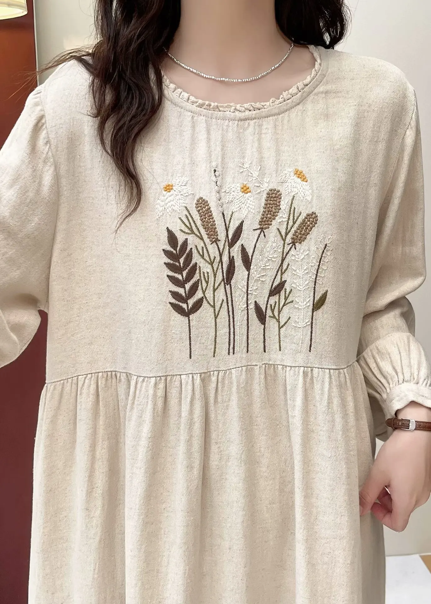 New Summer Cotton Linen Long Sleeve Dresses, Woman O Neck Embroidery, Mori Girl Sweet Loose Vintage Dress, 2024 Fall D476133QC