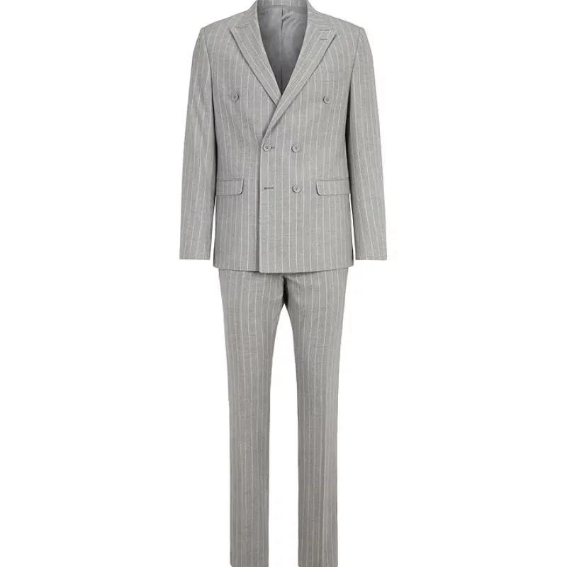 طقم بدلة مخططة ضيقة مزدوجة الصدر للرجال لملابس رسمية لحفلات الزفاف مناسبة للعمل (سترة + بنطلون) #3