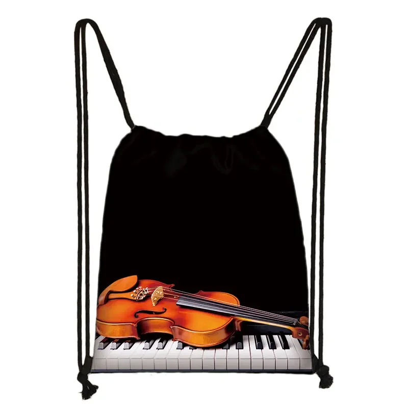 Musical Instrument Print Drawstring Bag Music Notes Backpack Guitar Violin Outdoor Storage Bag Shoes Holder Teenager School Bags