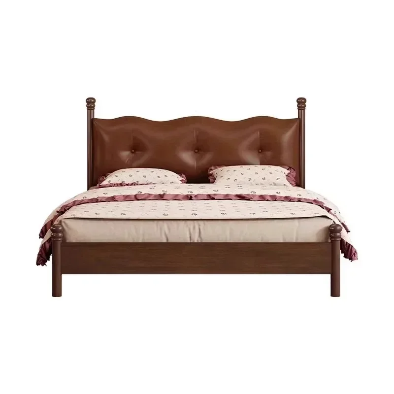 

Retro bed solid wood bed simple 1.8 meters master bedroom double medium ancient Nordic soft bag small apartment