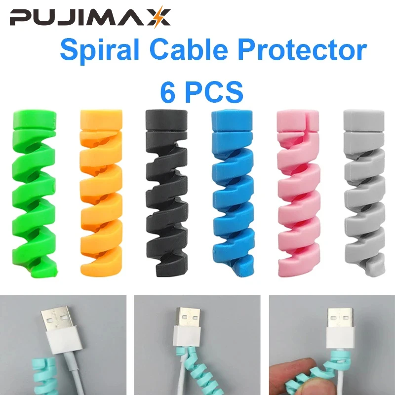 PUJIMAX 6Pcs Spiral Cable Protector Winder Clip 6 Colors Data Line for USB Charger Cord Holder Management Cable for Cell Phones