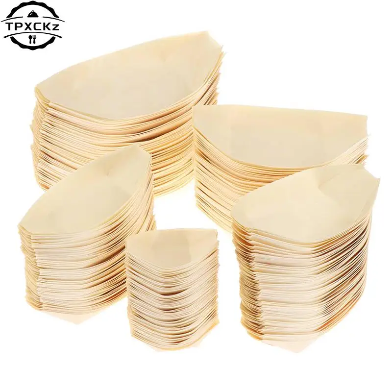 50pcs/pack Sushi Shushi Wood Boat Natural Bamboo Disposable Kayak Salad Dessert Pine Cake Boat Snack Bowl Mat Sushi Plate Tray